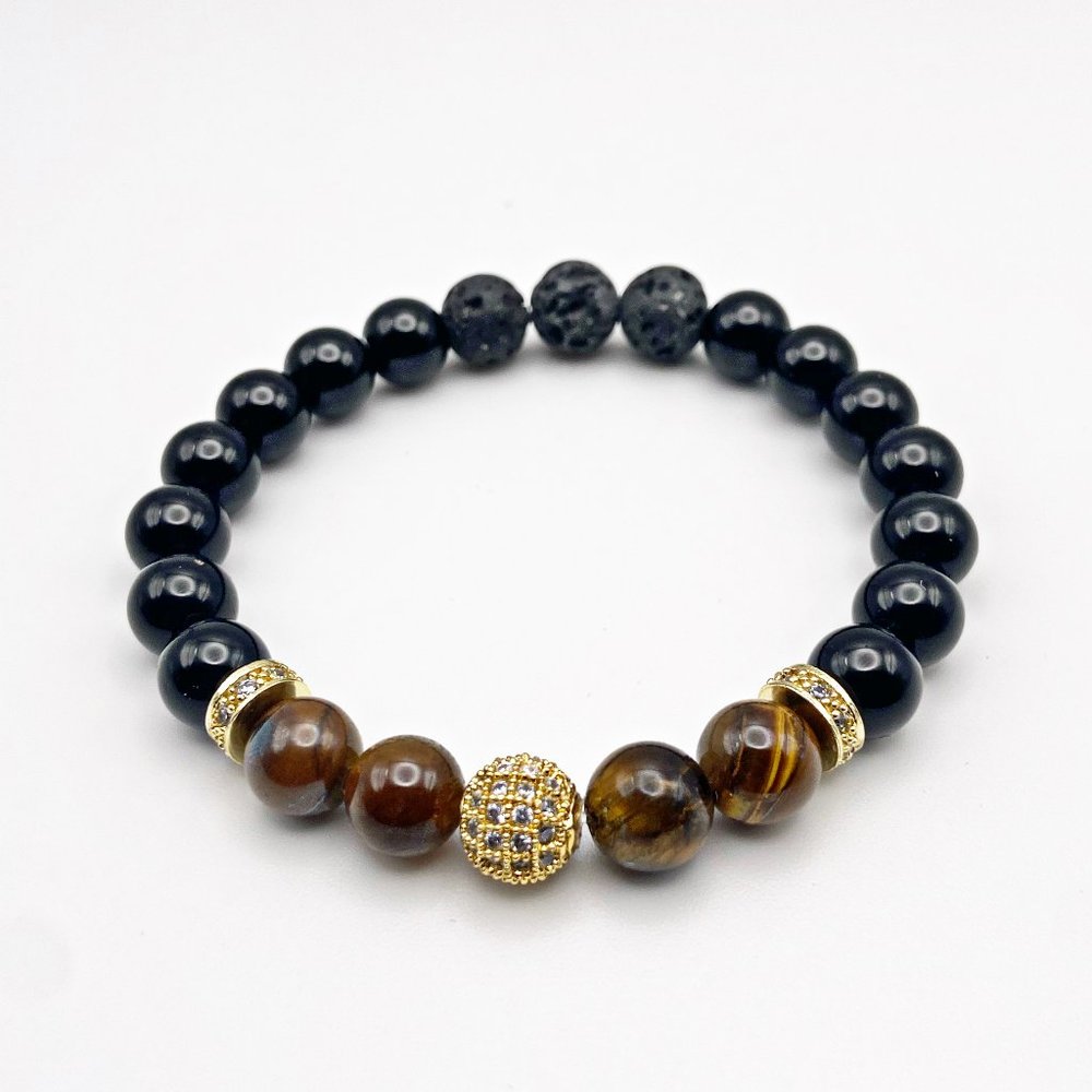 Gold Bead Tiger Eye and Black Jasper Aromatherapy Diffuser Bracelets
